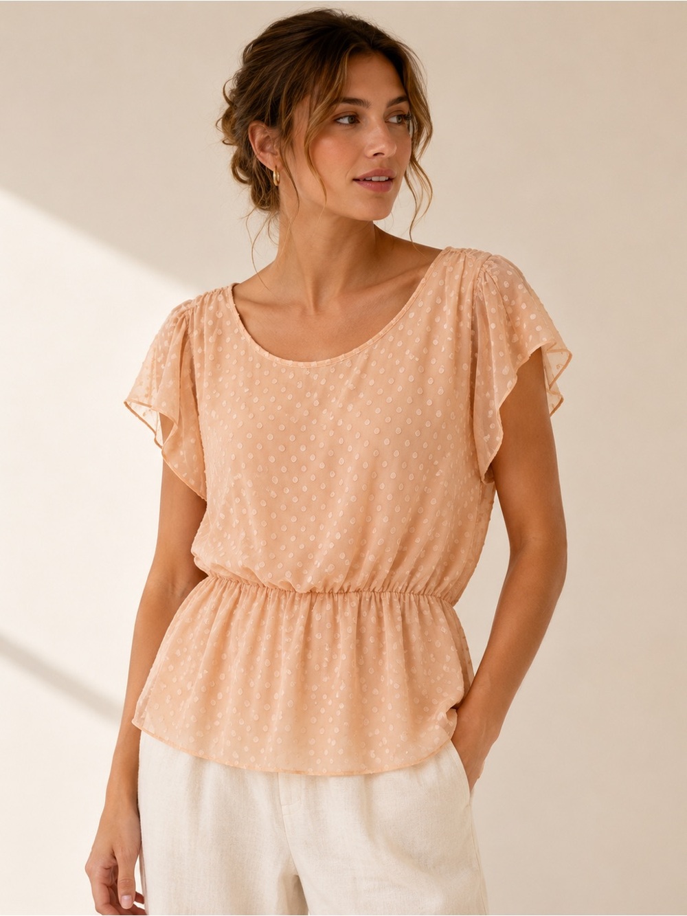 Black Rainn Peach Dot Flutter Sleeve Peplum Blouse